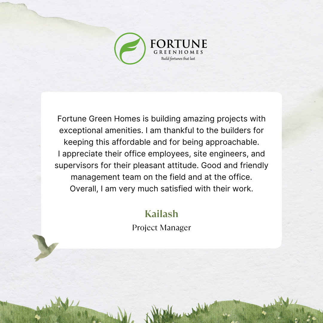 Thank you so much for such a lovely review! Your feedback means the world to us and motivates our team to continue delivering exceptional living experiences.

Thank you for choosing Fortune Green Homes.

#FortuneGreenHomes #ClientReview #Tellapur #HyderabadRealEstate #Hyderabad
