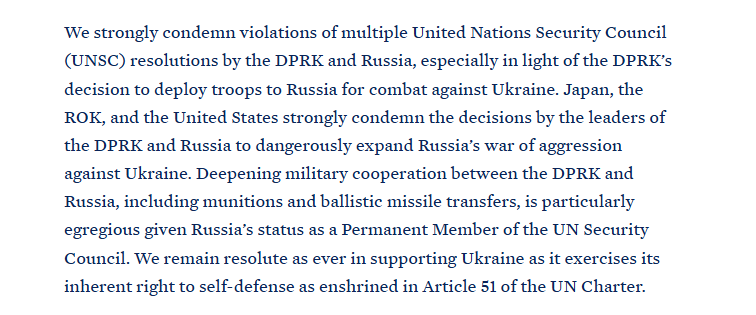 NOELreports's tweet photo. The United States, Japan, and South Korea strongly condemned Russia and North Korea's violation of numerous UN Security Council resolutions. The countries will continue to support Ukraine in its right to self-defense.

https://t.co/U6bcZA7H23 https://t.co/twlBfbcD3Z