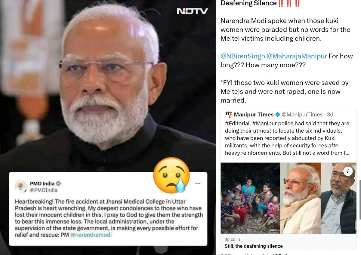 yelhaomee's tweet photo. Dear @narendramodi ji,

So, what’s your official position on the terrorism being openly sponsored by the #KukiZoNarcoCommunity? You couldn’t stop yapping when Kuki women were paraded, but the moment #Meitei_Victims—#INCLUDING_CHILD_Of_8_Months_Baby — are butchered, you zip your mouth. 

You’ve got time to tweet sympathy for kids who tragically died in a fire in Jhansi, but no words for the #8_Months_old babies slaughtered in Manipur? Are those lives not worth as much because they’re #Meitei? Are they not Indian enough for you?

You love lecturing the world about fighting terrorism, but here’s the kicker: Myanmar and Bangladesh terrorists are running wild in your own country, specifically attacking the Meitei community in Manipur. 

So, what’s your game plan?
 
Where’s the fight against terrorism now?

Remember that tweet from June 23, 2023? “Terrorism is an enemy of humanity and there can be no ifs or buts in dealing with it. We must overcome all such forces sponsoring and exporting terror.” Yeah, that sounds great. 

But if terrorism is the enemy of humanity, why are you still shaking hands with #KukiZoTransnationalNarcoTerrorists ? The same ones fueling violence in Manipur and carrying out barbaric atrocities, all while your government continues this ridiculous SoO agreement?

And as the 4th largest military in the world, how is it that India still can’t deal with terrorism in its own backyard? The ongoing terror in Manipur is a disgrace. 
Time to stop posing and start acting. 

Where’s your accountability Sir Ji? 

Is #Manipur not a part of your national family?

Are these children not the children of India?

Lastly but not the least, Dear Sir @narendramodi, your state Manipur is bleeding, and the silence from your Government is Deafening. The world is watching, and history will remember how the cries of innocent children, women, and men were ignored under your leadership. It’s time to move beyond empty words and take action to restore peace and justice in Manipur. Prove that every life in India, regardless of community, is valued equally. Otherwise, your promises of combating terrorism are nothing more than hollow rhetoric.

Kindly considered our State #Manipur Matters dear @meloni @BladimirPutin_ @netanyahu 🙏🙏🙏