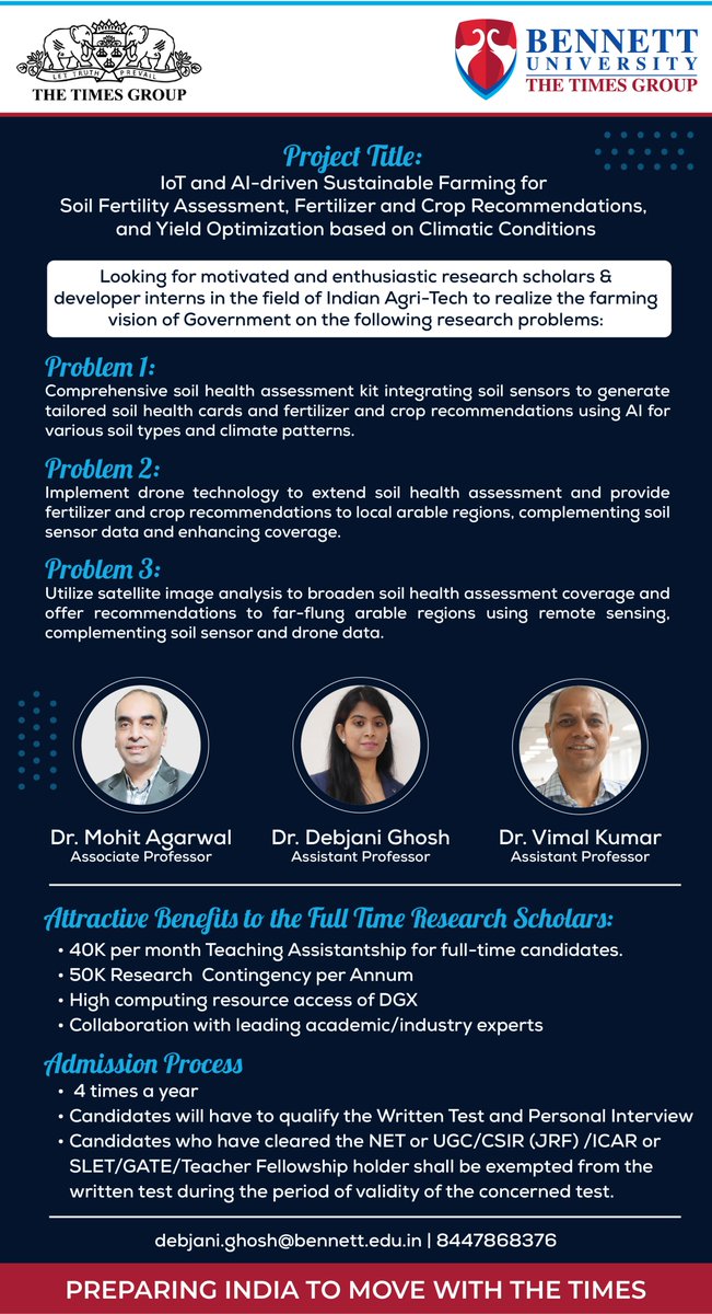 vimalbaghel's tweet photo. Opportunity for enthusiastic postgraduates/graduates as full-time/part-time/sponsored research scholar for Jan 2025 cycle in related domain to Ideate, Innovate, Incubate, research in Indian agriculture using modern technology tools (#IoT, #AI, #Blockchain) Thanks to #SCSET BU https://t.co/ZCS2d06Jqa
