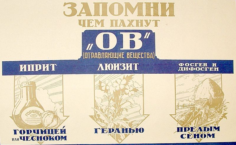 "Remember what poisonous substances smell like: Mustard gas - like mustard, garlic. Lewisite - like geranium. Phosgene and diphosgene - like rotten hay." Soviet civil defence poster.