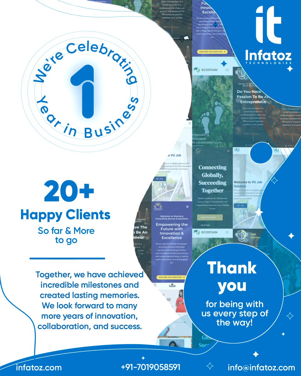 infatoz's tweet photo. Celebrating 1 Year of Innovation &amp; Excellence.

We're thrilled to mark a year of successful operations at Infatoz Technologies. Our journey wouldn't have been possible without our talented team and trusted clients. Thank you for believing in us.
#InfatozTurns1 #Anniversary https://t.co/1Fc3V2mRGL