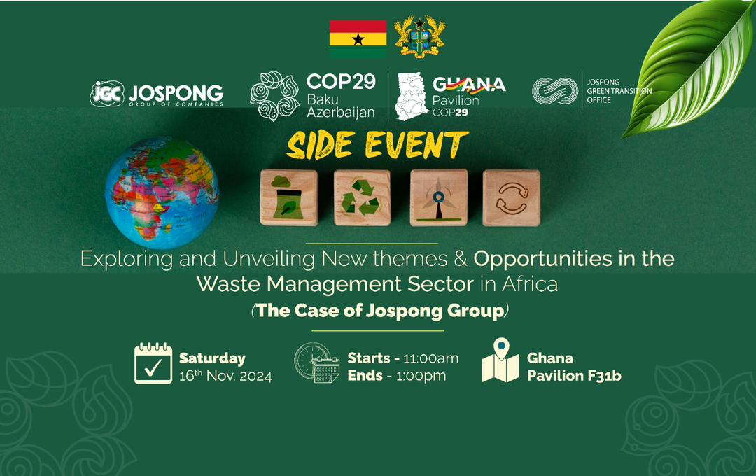 devyanijgc's tweet image. Join the Conversation on Africa's Waste Management Future! 
At #COP29 in Baku, the Jospong Group of Companies invites you to a dynamic side event.

Don't miss this opportunity to shape a greener, more sustainable Africa!