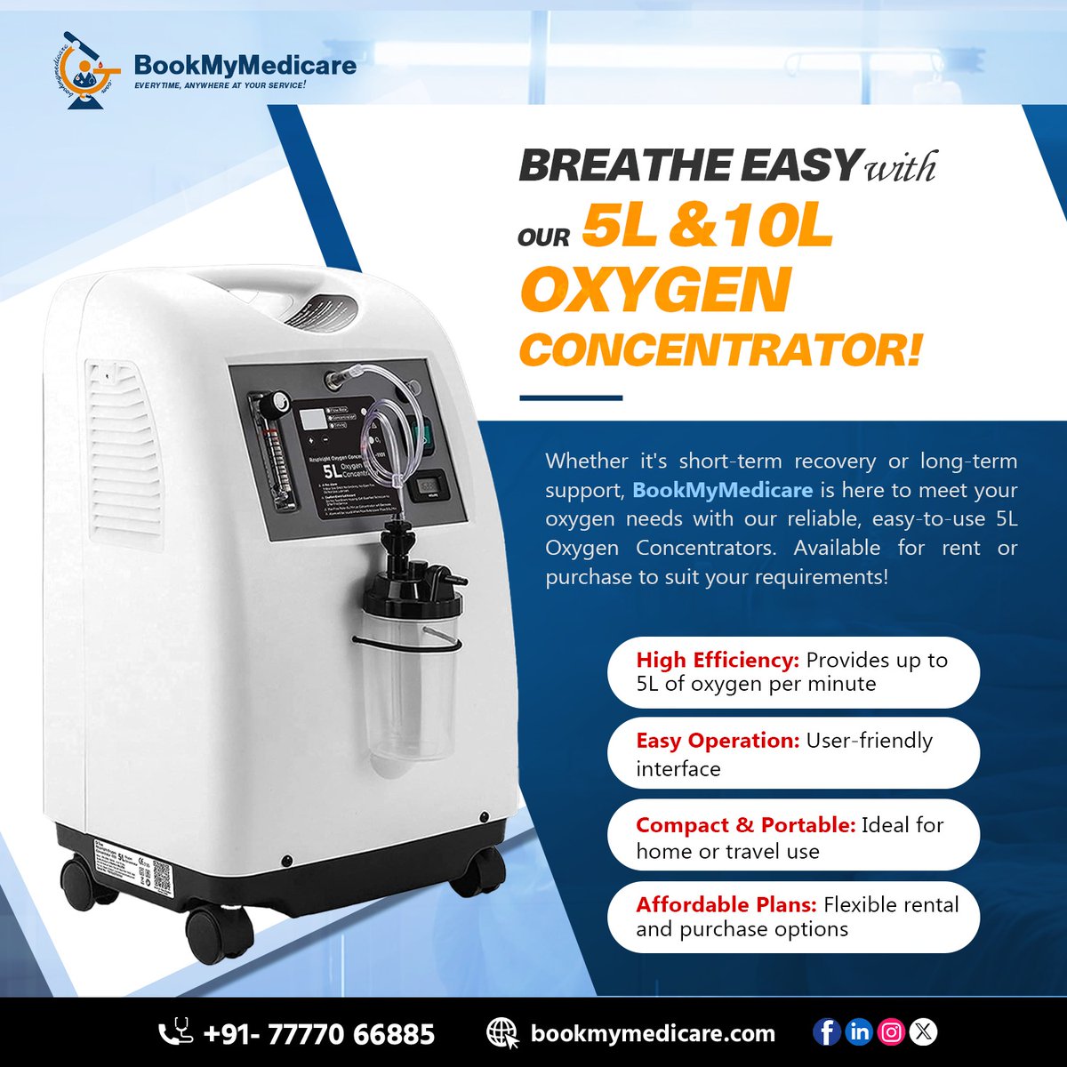 BookMedicare's tweet image. Say hello to hassle-free oxygen support with our 5L &amp;amp; 10L Oxygen Concentrators – perfect for both short-term recovery and long-term care.

📞 Book now with Book My Medicare: +91-77770 66885

#OxygenConcentrators #Recovery #MedicalEquipment #Booking #BookMyMedicare
