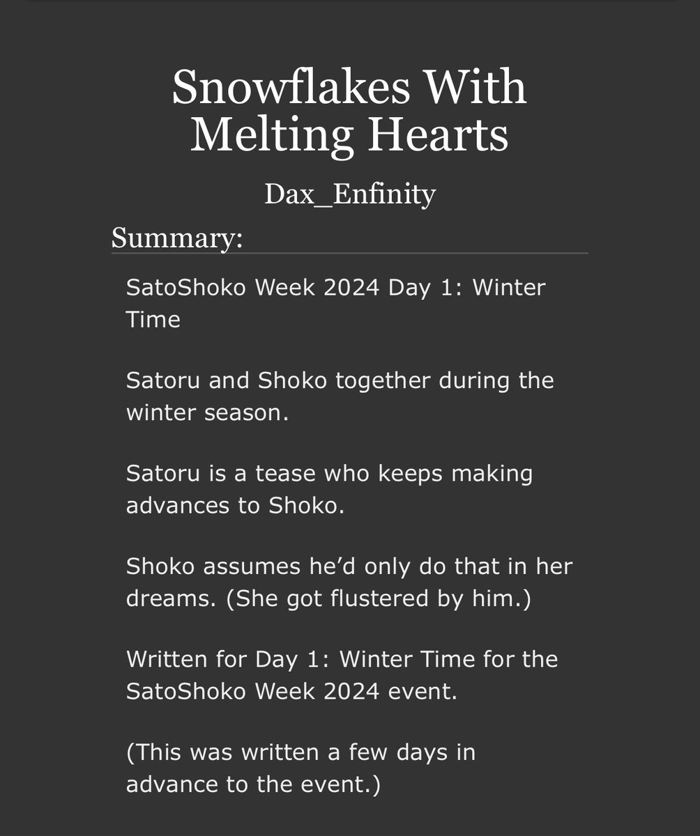 dave_shokoieiri's tweet photo. SatoShoko Week 2024 Day 1: Winter Time #SatoShoko #SatoSho #GoSho #SatoShokoWeek #SatoShokoWeek24 #SatoShokoWeek2024 #satorugojo #shokoieiri
https://t.co/TG2KmEY1vl https://t.co/91zAA0kTws