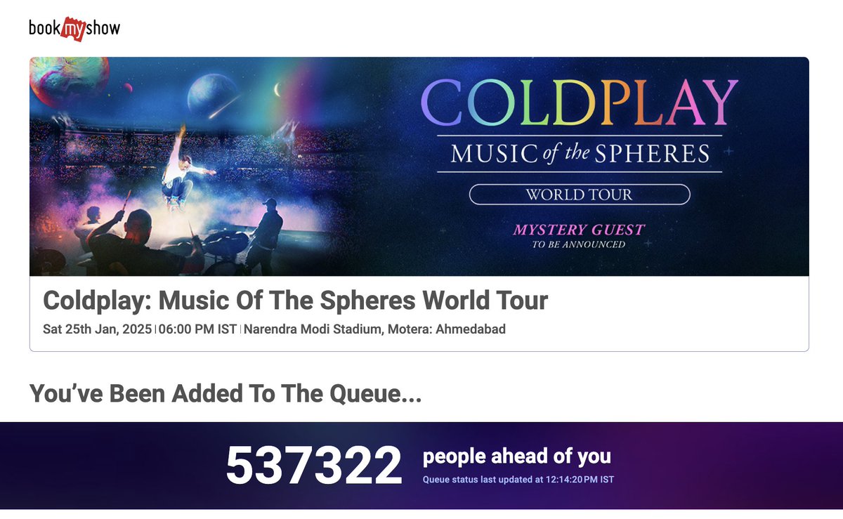 The 3-C framework playing out beautifully:

C1 - Coldplay
C2 - Cautious Optimism
C3 - Crying

#Coldplay #BookMyShow #HereWeGo