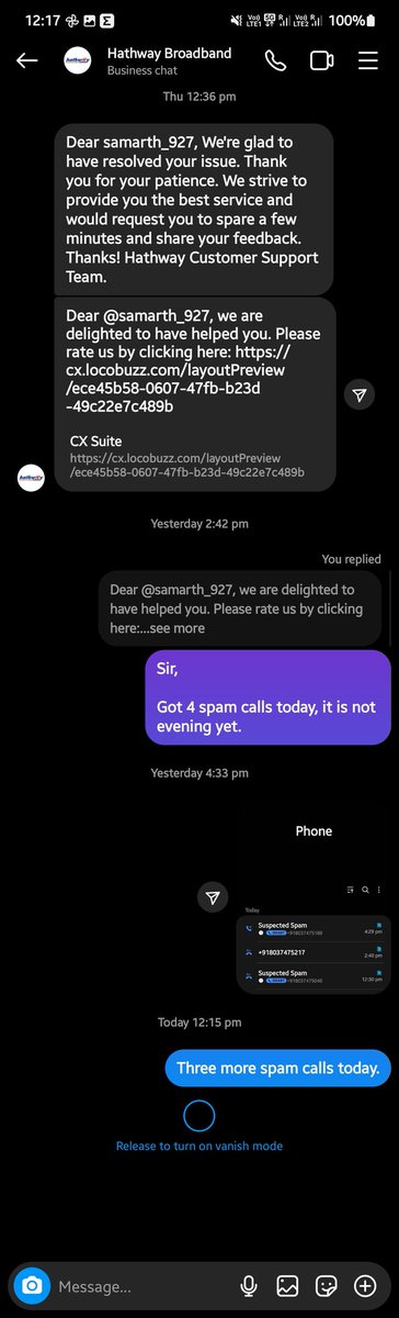 Samarth_Thakore's tweet photo. @HathwayBrdband I already sent personal message over Instagram, they mentioned that it has been resolved. Still, 6-7 spam calls in 2 days. @PMOIndia @jagograhakjago @MoitOfficial @reliancegroup @timesofindia @thehindubiz https://t.co/IO5TKquCiV