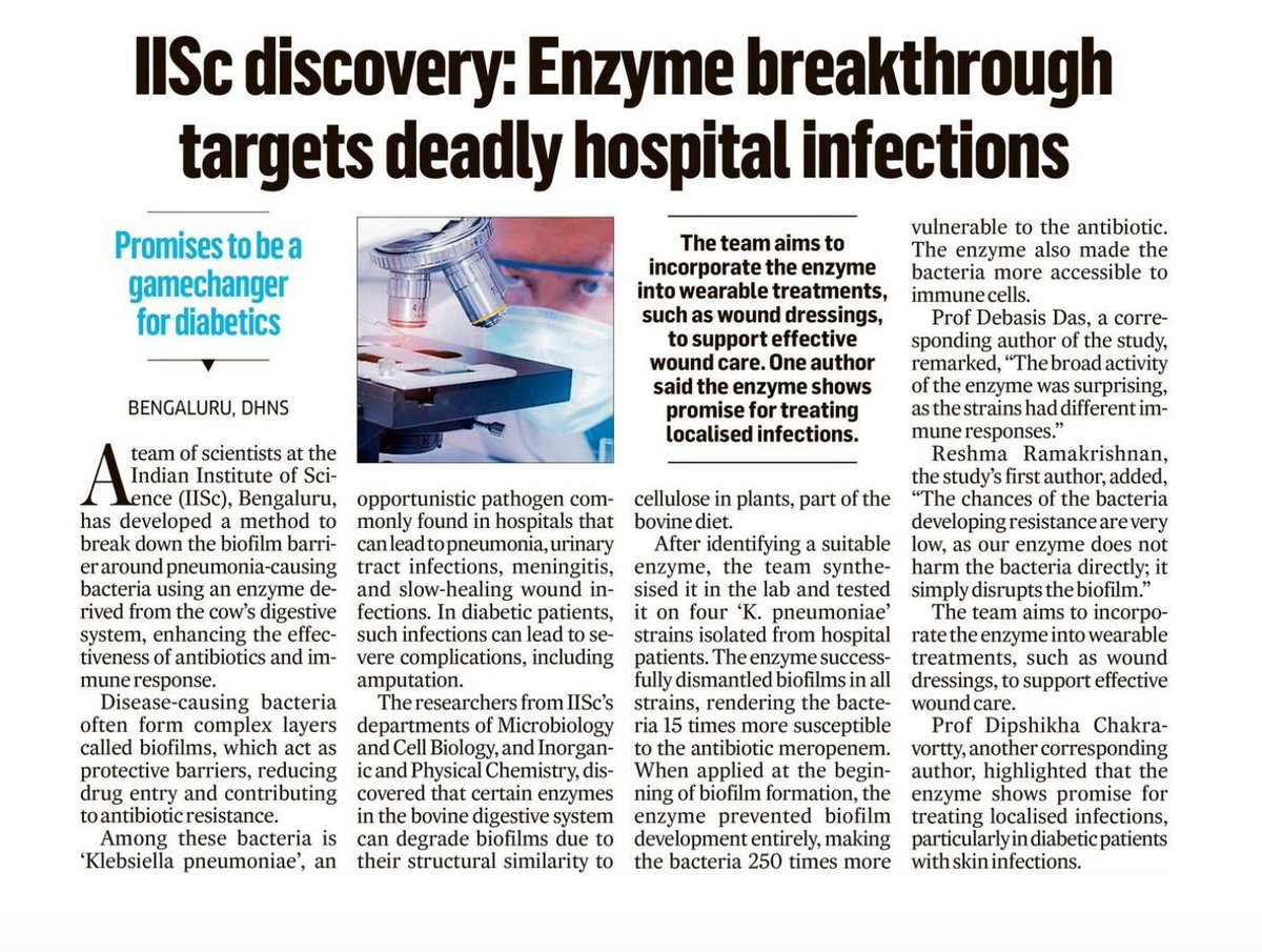 My congratulations to the scientists at <a href="/iiscbangalore/">IISc Bangalore</a> for this remarkable breakthrough! 

Developing an enzyme to break down biofilms and enhance antibiotic effectiveness is a game-changer in the fight against antibiotic-resistant infections. I believe this innovation holds