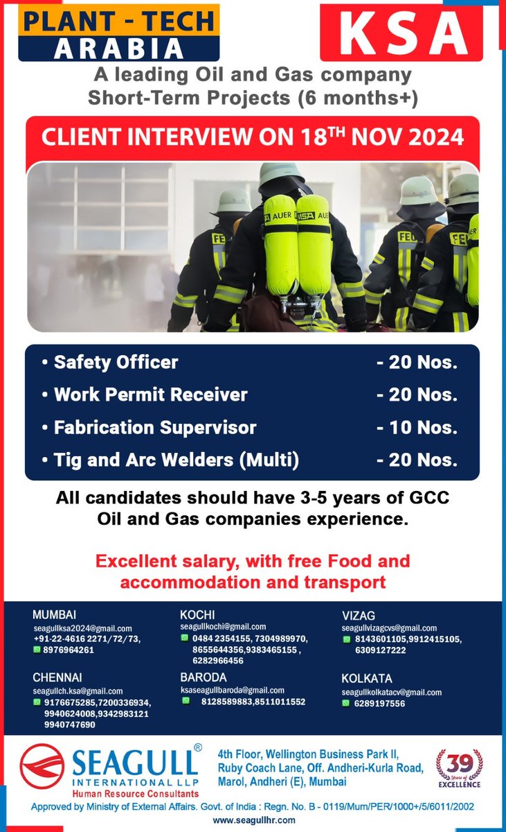 hrd1_seagull's tweet photo. 🇸🇦KSA Jobs
‼️ Short Term Project
💻 Client Interview On 18th Nov 2024
📍Location - Mumbai , Chennai , Kochi , Baroda , Vizag & Kolkata
.
.
.
#ksajobs #seagull #safetyofficer #workpermitreceiver #tigandarc #fabricator https://t.co/24ygli5Qcr