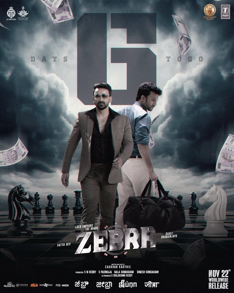 In just 6 DAYS, Brace yourself for an electrifying ride packed with action, gripping thrills, and an epic showdown! 🔥💥

#ZEBRA Worldwide grand release at theatres near you on 22nd NOV! 😈💵

#ZEBRATrailer -  bit.ly/ZEBRATrailer

<a href="/ActorSatyaDev/">Satya Dev</a> <a href="/Dhananjayaka/">Dhananjaya</a> #EashvarKarthic