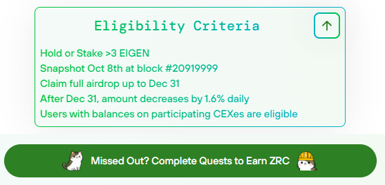 🍚可以去查一下 <a href="/zircuit/"></a> 给 <a href="/eigencloud/"></a> 持有者的空投
链接：app.zircuit.com/fairdrop

有资格的记得12月31号前领，否则之后每天会减少1.6%
没资格的话，也可以去做一下这个任务：zircuit.deform.cc/fairdrop/

看了一下，这就是给eigenlayer生态用户的空投，每个人差不多拿了750多个。
