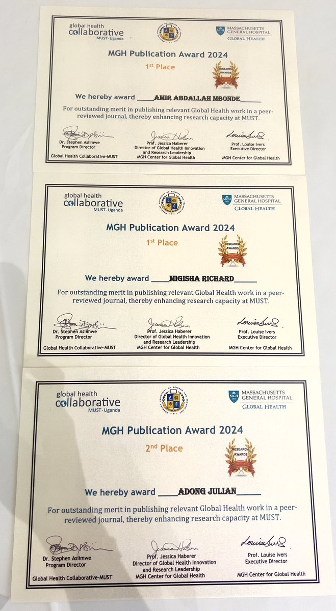 Global Health Collaborative (@globalhealthco4) on Twitter photo Congratulations to the 3 MGH Publication Award winners; Mugisha Richard, Amir Abdallah Mbonde and Adong Julian courtesy of <a href="/MGHGlobalHealth/">Mass General Center for Global Health</a>. Appreciation to our partnership with <a href="/MbararaUST/">Mbarara University</a> for supporting researchers <a href="/drlouiseivers/">Lotbo</a> <a href="/PbyakikaPauline/">Prof. Pauline Byakika -Kibwika</a> <a href="/dr_sasiimwe/">Stephen Asiimwe Dr</a> <a href="/JessicaHaberer/">Jessica Haberer</a> Congratulations to the 3 MGH Publication Award winners; Mugisha Richard, Amir Abdallah Mbonde and Adong Julian courtesy of <a href="/MGHGlobalHealth/">Mass General Center for Global Health</a>. Appreciation to our partnership with <a href="/MbararaUST/">Mbarara University</a> for supporting researchers <a href="/drlouiseivers/">Lotbo</a> <a href="/PbyakikaPauline/">Prof. Pauline Byakika -Kibwika</a> <a href="/dr_sasiimwe/">Stephen Asiimwe Dr</a> <a href="/JessicaHaberer/">Jessica Haberer</a>