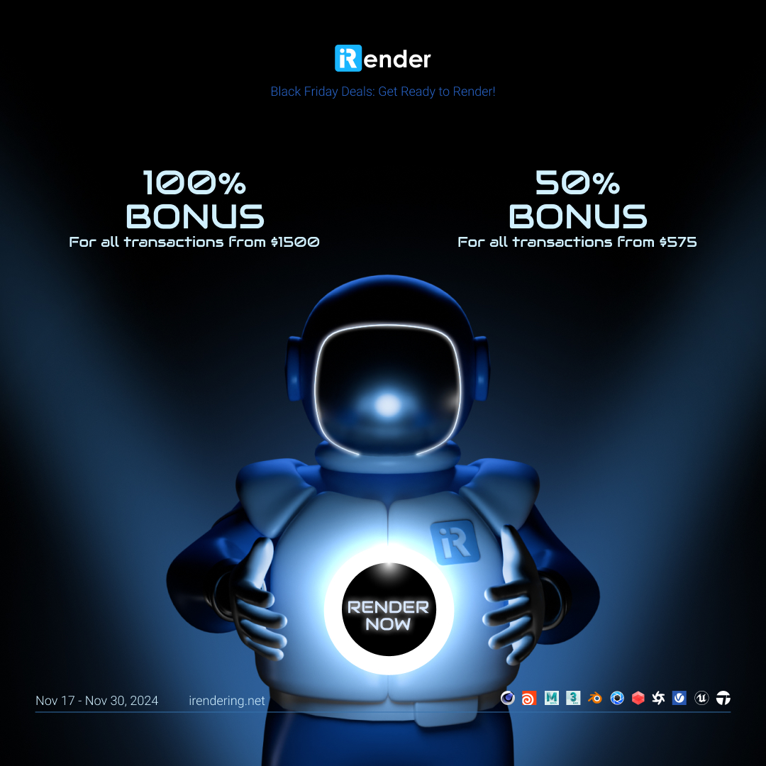 LynniRender's tweet photo. ✨Black Friday Deals: Get Ready to Render! ✨
Gear up for lightning-fast rendering with iRender!

🎁 50% BONUS for all transactions from $575
🎁 100% BONUS for all transactions from $1500
⏰ From November 17th to 30th

🌐 https://t.co/LBNC3aZCgV https://t.co/PDRYovSeQT