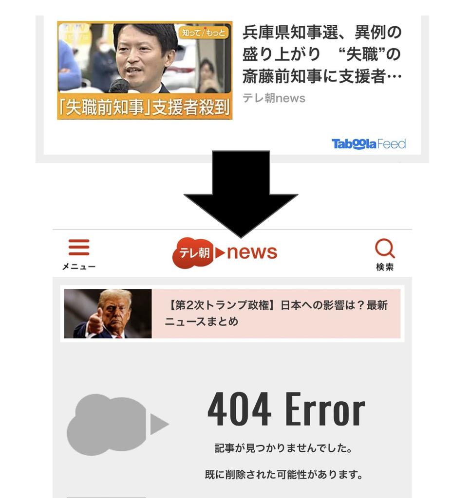 MACALLAN_999's tweet photo. 【悲報】
テレ朝news、圧力に屈する🥲

兵庫県知事選の盛り上がりを報じたが、その後、記事削除🥲 https://t.co/MBSx7dYfxC