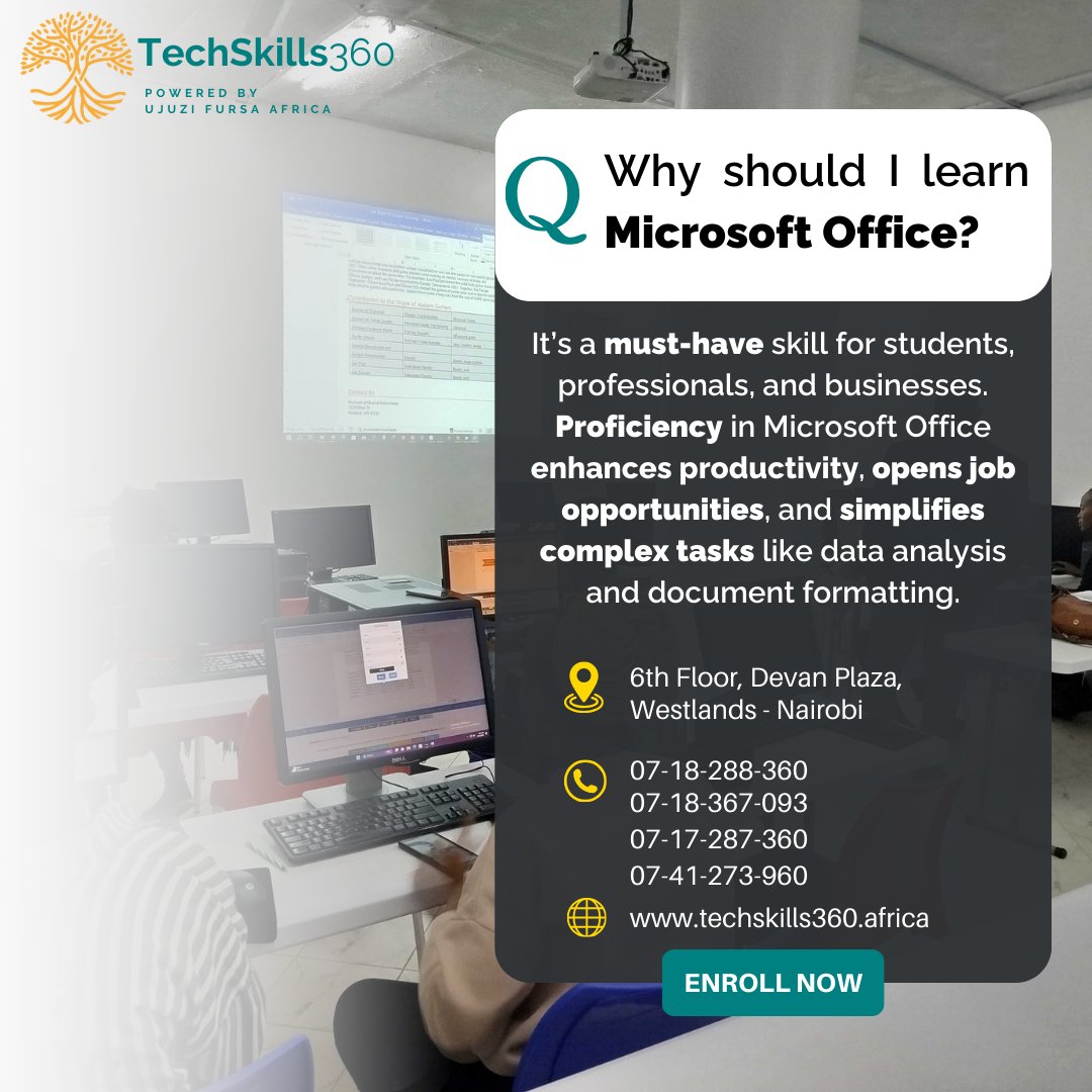 TechSkills360ke's tweet image. Master Microsoft Office Suite with Us! 🚀
Boost your productivity and advance your career by mastering essential tools like Excel, Word, and PowerPoint.

📞 Contact us: 0718288360, 0718367093, 071728736, 0741273960

#MicrosoftOffice #LearnToExcel #TechSkills360 #BoostYourS