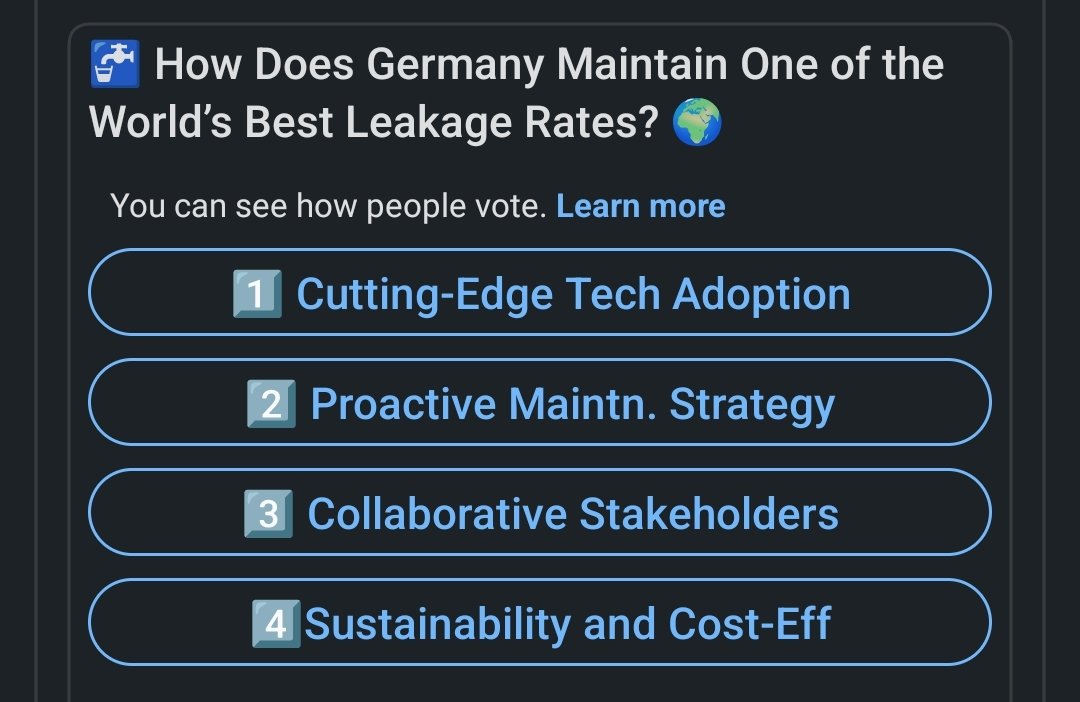 zahedfah's tweet photo. Let’s reimagine water efficiency! Cast your vote & share your insights. Together, we can build smarter water systems worldwide!👇
https://t.co/M0M51TQcuv
#SmartWaterNetworks #LeakageDetection #WaterEfficiency #NonRevenueWater #SustainableWaterManagement #InnovativeSolutions #IoT https://t.co/HDj27nDzr4
