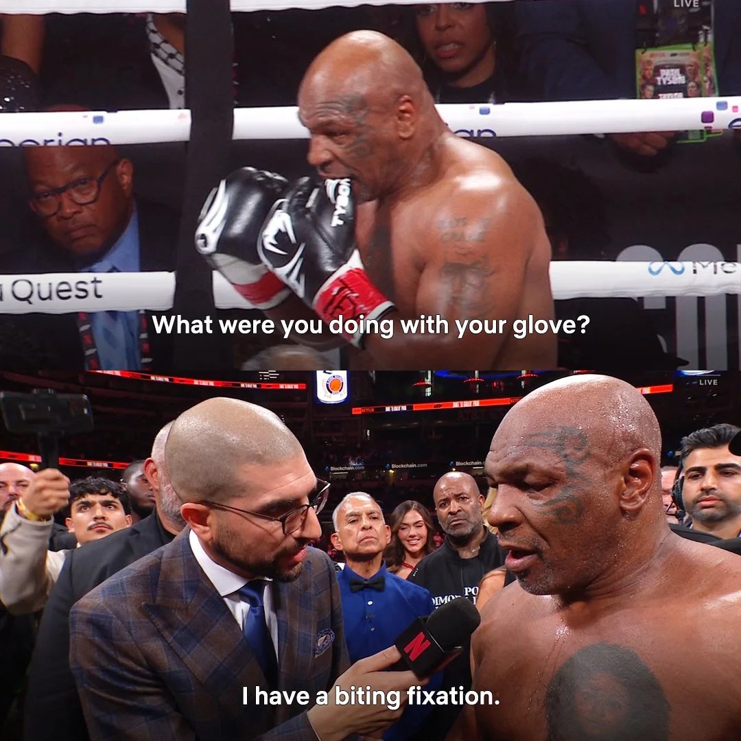 xtreemmasheen3k's tweet photo. Why #MikeTyson bites his gloves. Manga series is called #hajimenoippo.

People who have watched his old fights also know this. Was interesting knowing this, but hearing the commentators keep talking about it. And Social Media is having fun w/ his #BitingFixation joke
#TysonPaul https://t.co/ImzWzneIds