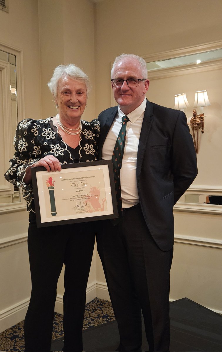NuffieldIreland's tweet photo. Last night, at our #NuffieldConference24 banquet, we marked the 20th anniversary of Scholars Mary Webb and @BradyGroupAgri. Both embody the Nuffield value of reciprocity, having served on the board and remaining engaged for the greater good of agriculture. 👏👏
#NuffieldIreland https://t.co/kyiJEFNyee