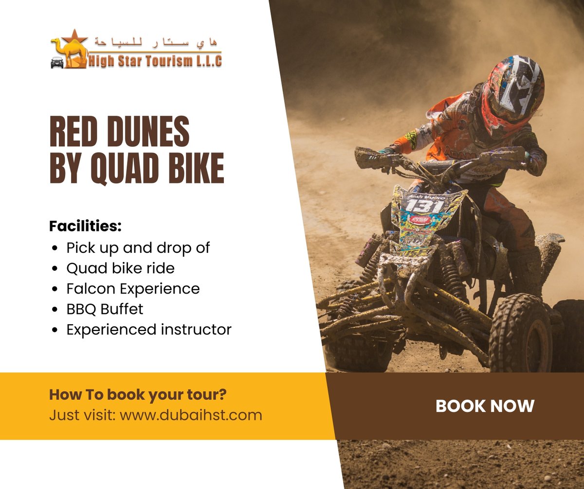 HighStarTourism's tweet photo. Sunset, dunes, and quad bikes—what more could you want? Join us for the ultimate desert adventure. #DubaiHST #RedDunes #QuadBikeSafari https://t.co/6K0OXvXb6N