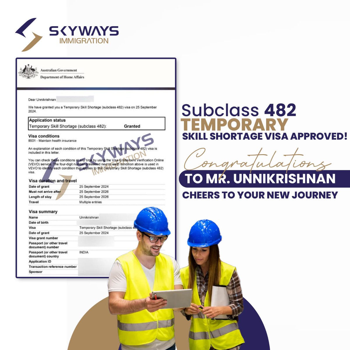 Skywaysuae's tweet photo. 🎊 𝐒𝐮𝐛𝐜𝐥𝐚𝐬𝐬 𝟒𝟖𝟐 𝐓𝐞𝐦𝐩𝐨𝐫𝐚𝐫𝐲 𝐒𝐤𝐢𝐥𝐥 𝐒𝐡𝐨𝐫𝐭𝐚𝐠𝐞 𝐕𝐢𝐬𝐚 𝐀𝐩𝐩𝐫𝐨𝐯𝐞𝐝! ✨

A huge congratulations to Mr. Unnikrishnan on this milestone achievement! Your journey to new opportunities in Australia begins now, and we couldn't be more thrilled for you. https://t.co/6UndSrbcg5