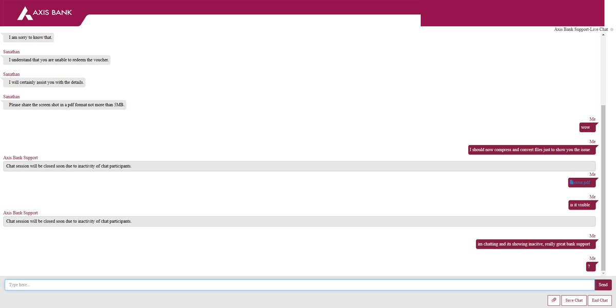 sid__k_'s tweet photo. How good can a service be?
When already fustrated my its service, after entering the captcha and otp for multiple times finally entered the chat session with @AxisBank support and the reults were really amazing to blow the mind even of a yogi. Spent last 2 hours, still unresolved https://t.co/C8GN2AepEi