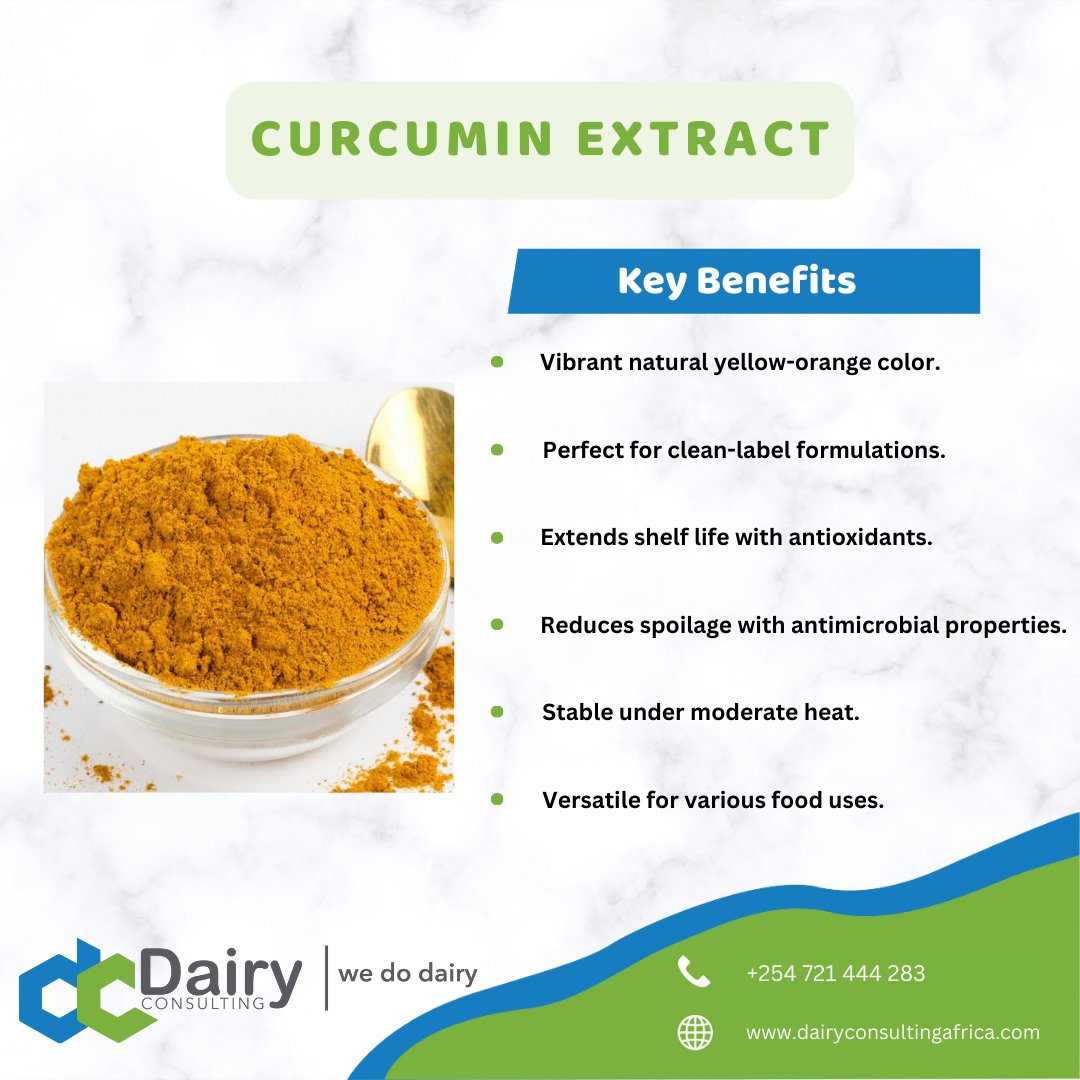 dclafrica's tweet image. 🌟 Brighten Your Dairy Products Naturally! 🌼✨

Our Curcumin Extract adds a vibrant yellow-orange hue 🌿, is rich in antioxidants 🛡️, and perfect for clean-label creations 🌱.

Take your products to the next level! 🌟
#CurcuminExtract #NaturalColors #DairyInnovation