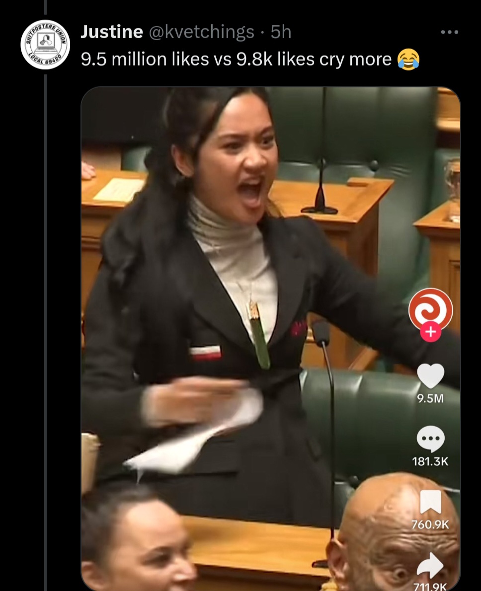 sillymilly6287's tweet image. the moment nz govt and Karen's always ready pull a beautiful indignous woman down, got a haka which is way more insulting than slap they deserved.🤣USA poll 12-35yr olds #1source truth..tiktok..Hana haka.. 10million people sent ❤️from 1 international platform