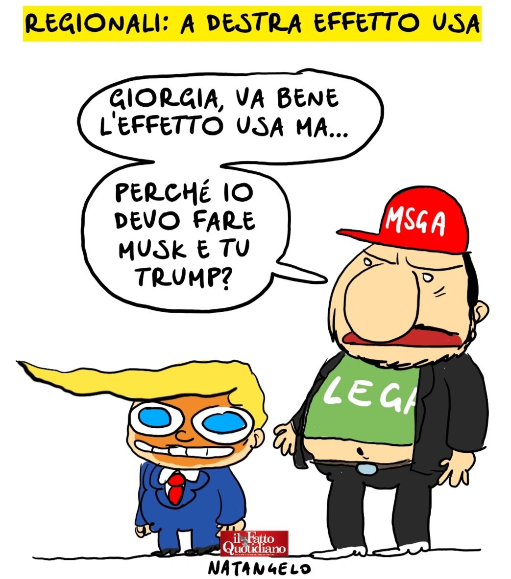 Effetto U.s.a. - la mia vignetta per il Fatto Quotidiano oggi in edicola! 

#trump #meloni #elezioniregionali #salvini #musk #vignetta #fumetto #memeitaliani #umorismo #satira #humor #natangelo