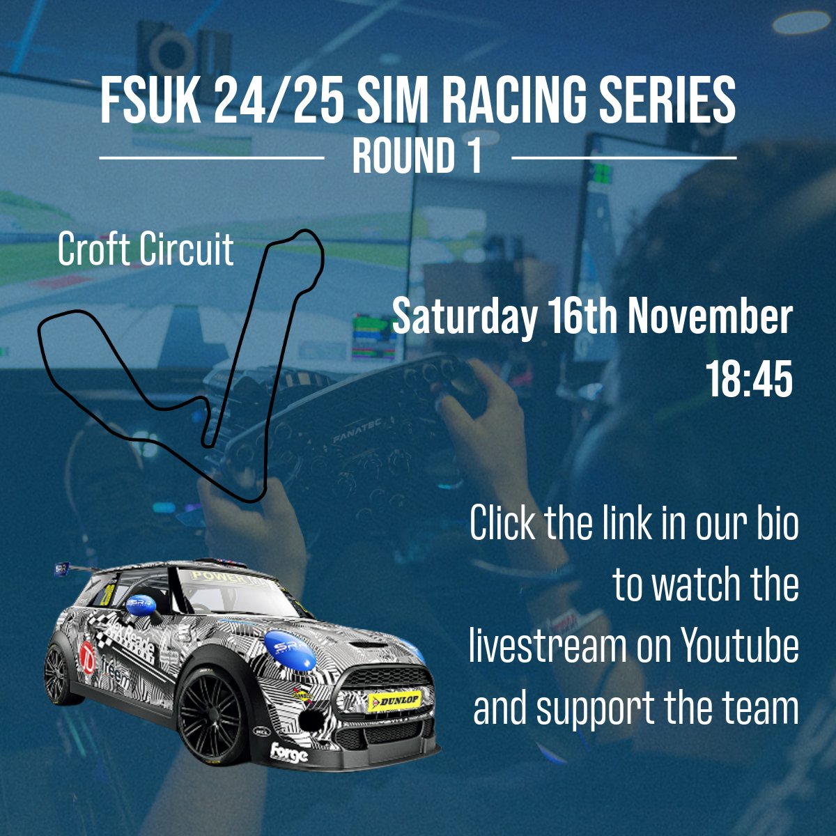 SUFST's tweet photo. Round 1 of the 2024/25 @formulastudent Sim Racing Series is today at 18:45!! They will be racing around Croft Circuit in the Mini Cup. Tune into round 1 here https://t.co/QZCCTeYfaT! 🏎

#simracing #fsuk #formulastudent #racecar #engineering #mini #croftcircuit https://t.co/NCaPDiQpDk