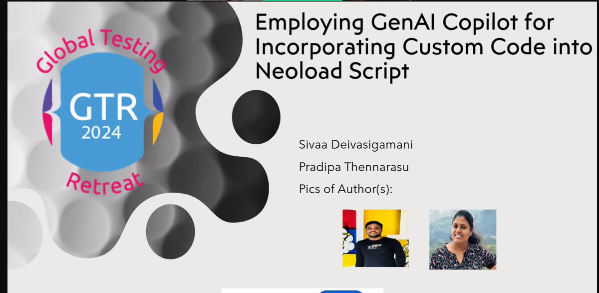 TestingRetreat's tweet photo. Day 1 Track 1 Session 5 : Employing GenAI Copilot for Incorporating Custom Code into Neoload Script by Sivaa and Pradipa. #ATAGTR2024 #VirtualDays
@AgileTAlliance @adigindia @rajputabhay017 @Fiserv @Tietoevry @QAMENTOR1 @ISquareIT @meet_tweet_ https://t.co/YVS4Ghi6GE