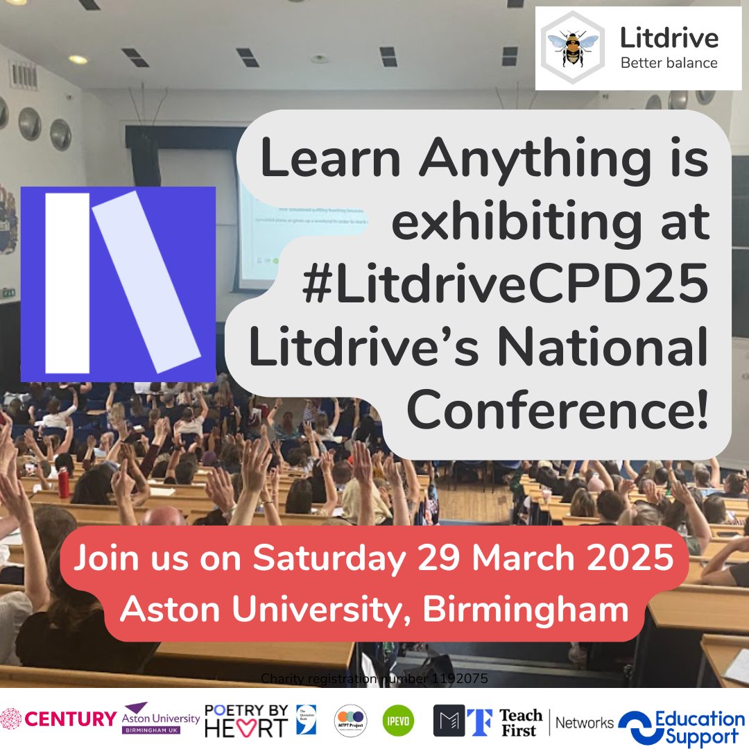 Learn Anything (@learnanythinguk) on Twitter photo We are exhibiting at #LitdriveCPD25! To book tickets for you and your English departments, click eventbrite.co.uk/e/101658855272…
Do come to say hi at the conference - we'd love to show you how we can support your pupils with their exams! learnanything.com
<a href="/LitdriveUK/">Litdrive UK</a> #LitdriveCPD We are exhibiting at #LitdriveCPD25! To book tickets for you and your English departments, click eventbrite.co.uk/e/101658855272…
Do come to say hi at the conference - we'd love to show you how we can support your pupils with their exams! learnanything.com
<a href="/LitdriveUK/">Litdrive UK</a> #LitdriveCPD
