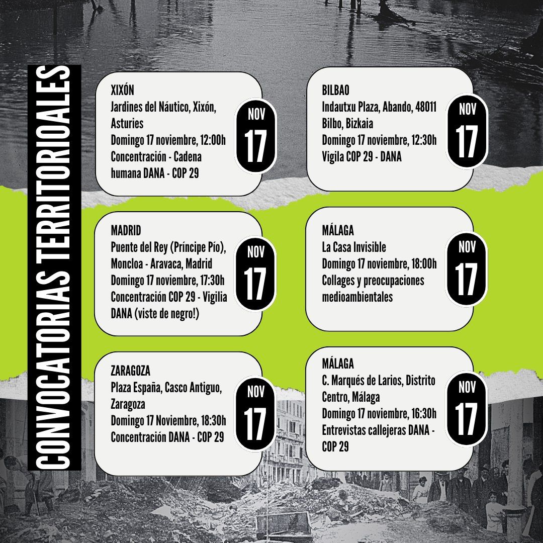 Recuerda, este fin de semana nos vemos en las calles en solidaridad con quien ya está sufriendo las peores consecuencias de la crisis climatica, en Valencia y en todo el mundo.
Exigimos medios, financiación y políticos a la altura en Valencia y en Bakú en la #COP29