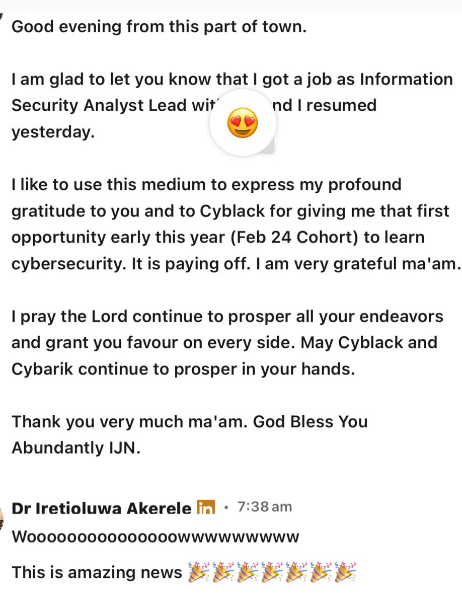 He resumed as an Information Security Analyst Lead in an organization in United States.

If you are actively searching for a Cybersecurity job, this will be you soon 🙏🏾

Thank you Cyblack >>>>>>>>>>>>