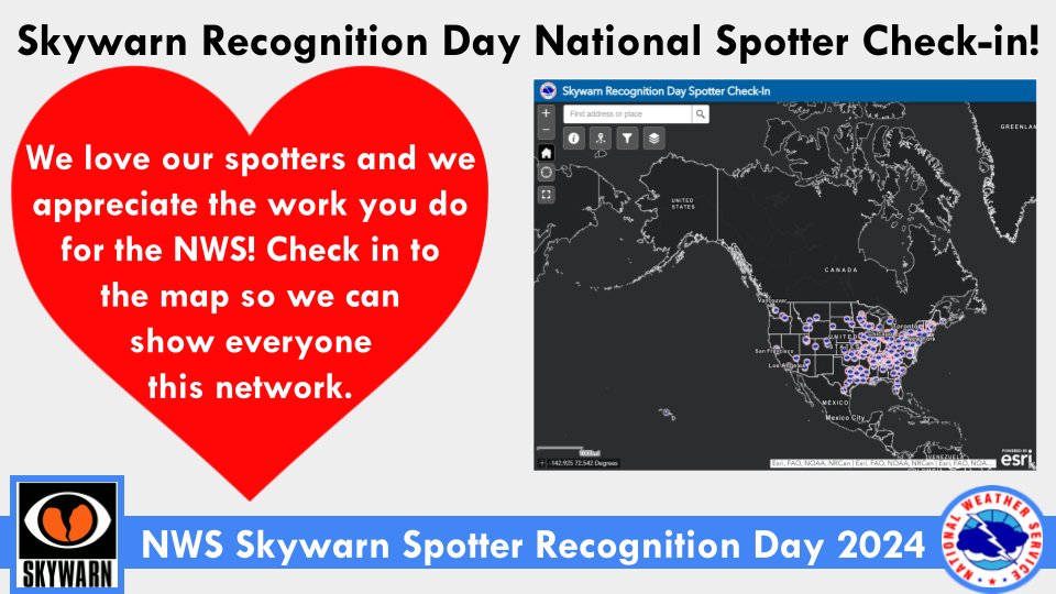 NWSMobile's tweet photo. ๐ปโก๏ธ Did you know that today is Skywarn Recognition Day?
๐We want to give a special shout-out and huge THANK YOU to all of our dedicated volunteer spotters!
๐ฑ๏ธMake sure to check in on the @NWS National Spotter page at https://t.co/sYIc8p6w9U
๐ #Skywarn2024 #SRD2024 https://t.co/JbIeqhsfgF