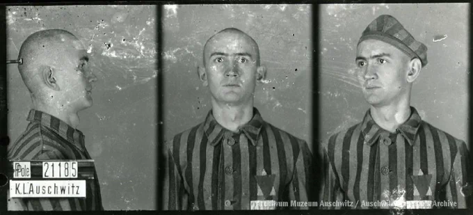 A mugshot registration photograph from Auschwitz. A man with a shaved head wearing a striped uniform photographed in three positions (profile and front with bare head and a photo with a slightly turned head with a hat on). The prisoner number is visible on a marking board on the left.