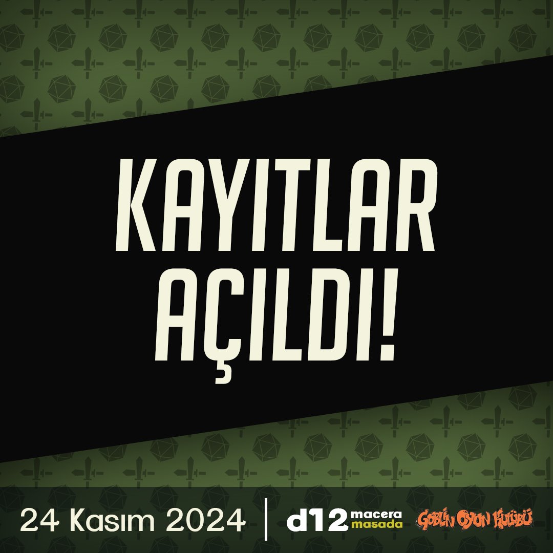 Sevgili maceracılar,
24 Kasım Pazar etkinliğimiz için kayıtlar artık herkese açık! Masalar hızla doluyor, siz de maceraya katılmak için yerinizi hemen ayırtın: d12macera.com/d12masada