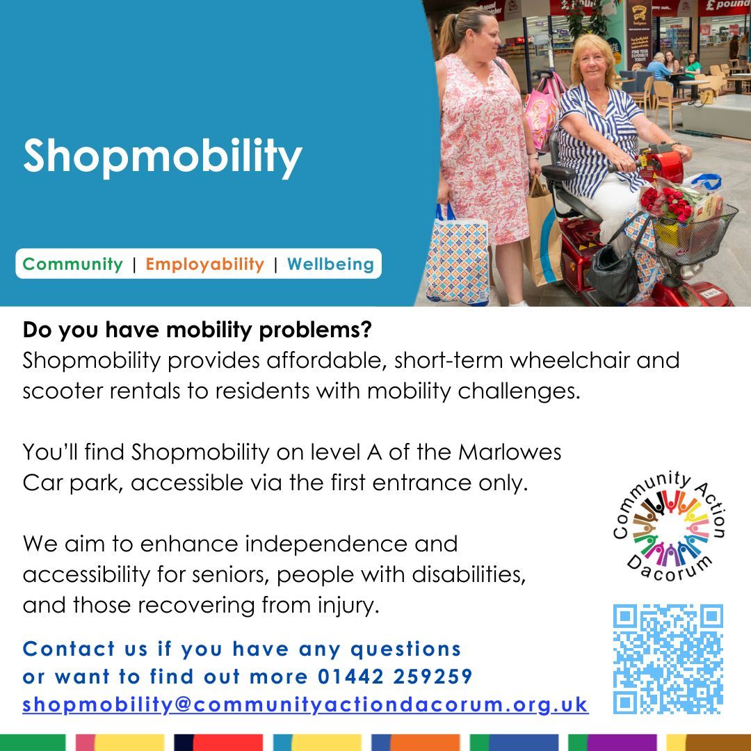 Community Action Dacorum (@support4dacorum) on Twitter photo Shopmobility provides affordable, short-term wheelchair and scooter rentals to residents with mobility challenges.
Contact us if you have any questions
or want to find out more 01442 259259
shopmobility@communityactiondacorum.org.uk Shopmobility provides affordable, short-term wheelchair and scooter rentals to residents with mobility challenges.
Contact us if you have any questions
or want to find out more 01442 259259
shopmobility@communityactiondacorum.org.uk
