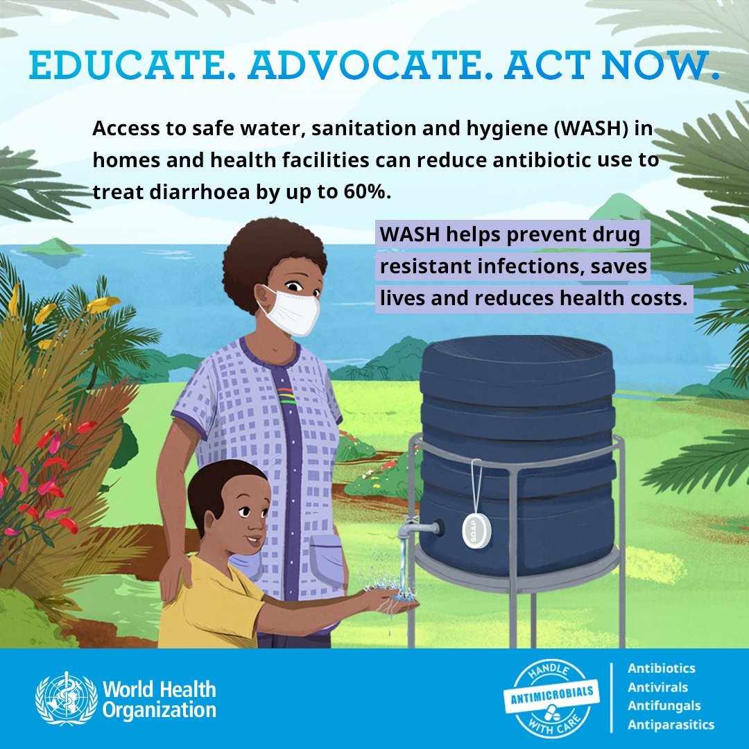 WHOAFRO's tweet photo. Antimicrobial Resistance (AMR) leads to longer hospital stays, higher medical costs, and increased mortality.
💧 Access to safe water, sanitation, and hygiene (WASH) helps prevent drug-resistant infections, saves lives, and lowers health costs. https://t.co/neh2JQER1c