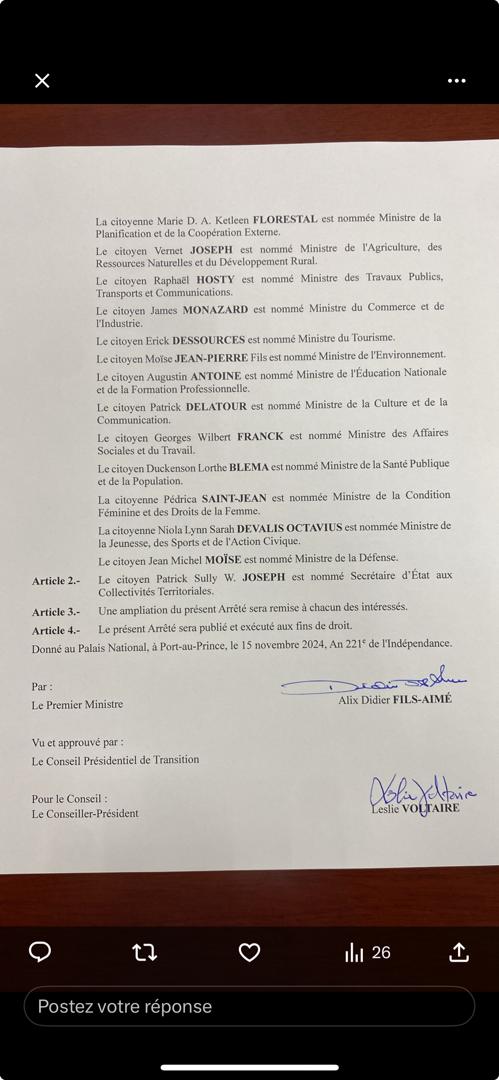 MeaJojebRadiotv's tweet photo. L'arrêté nommant les membres du gouvernement du PM @citoyendidier a été publiée dans le journal officiel de la République, le Moniteur. @MeaJojebRadiotv https://t.co/wynJDCNCXC