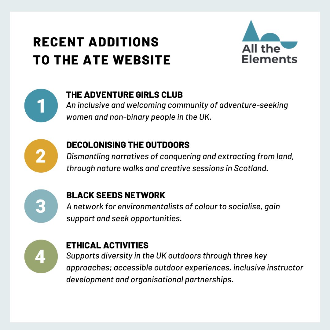 Did you know that we have over 300 different community groups and activity providers on our website? Here are a few of our recent additions!

Go take a look now: alltheelements.co/directory

#DiversifyOutdoorsUk #DiversityOutdoors #AllTheElements #OutdoorCommunity
