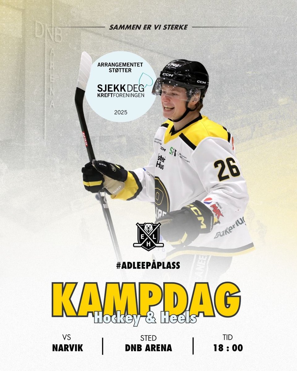 Hæla i taket i DNB Arena! 🎉
🆚 <a href="/arctic_eagles/">Arctic Eagles - Narvik Hockey</a> 
🕕 Nedslepp kl.18.
🚪 Dørene åpner og all moroa starter kl.16.
❤️ Vi støtter Thea Steens Minnefond &amp; #Sjekkdeg -kampanjen.
📰 All info om kampen her: oilers.no/hockey-and-hee…
🎫 Billetter: stavangeroilers.tmtickets.no
💛🖤 #adleepåplass