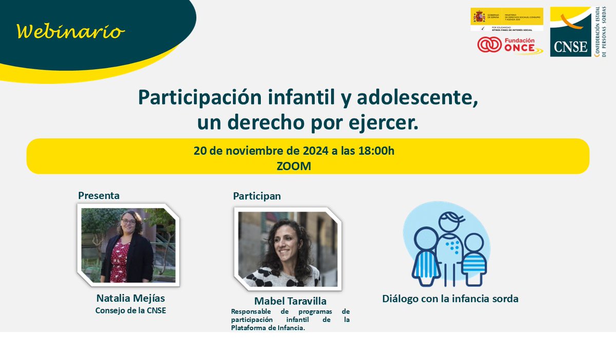 👧👦 El próximo 20 de noviembre es el Día Mundial de la Infancia. Y vamos a conmemorarlo con un webinario sobre la participación infantil y adolescente. 💻

🤔¿Creéis que la participación sigue siendo un #derecho pendiente para niñas, niños y adolescentes sordas/os?

🙌Os