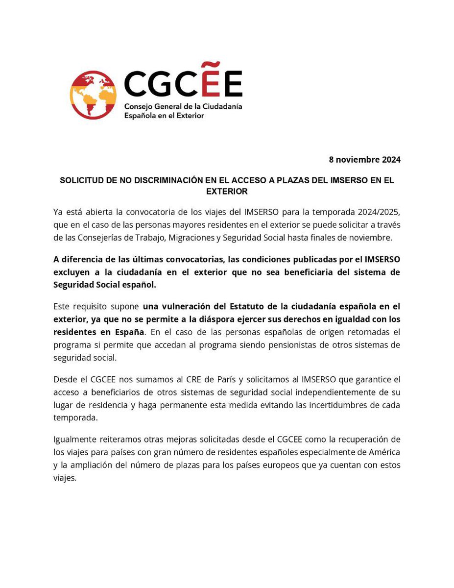 El CRE de Países Bajos se suma al comunicado del <a href="/CGCEE_VIII/">Consejo General Ciudadanía Española en el Exterior</a> pidiendo la no discriminación de los residentes en el extranjero en las plazas del IMSERSO

inclusion.gob.es/documents/d/ci…