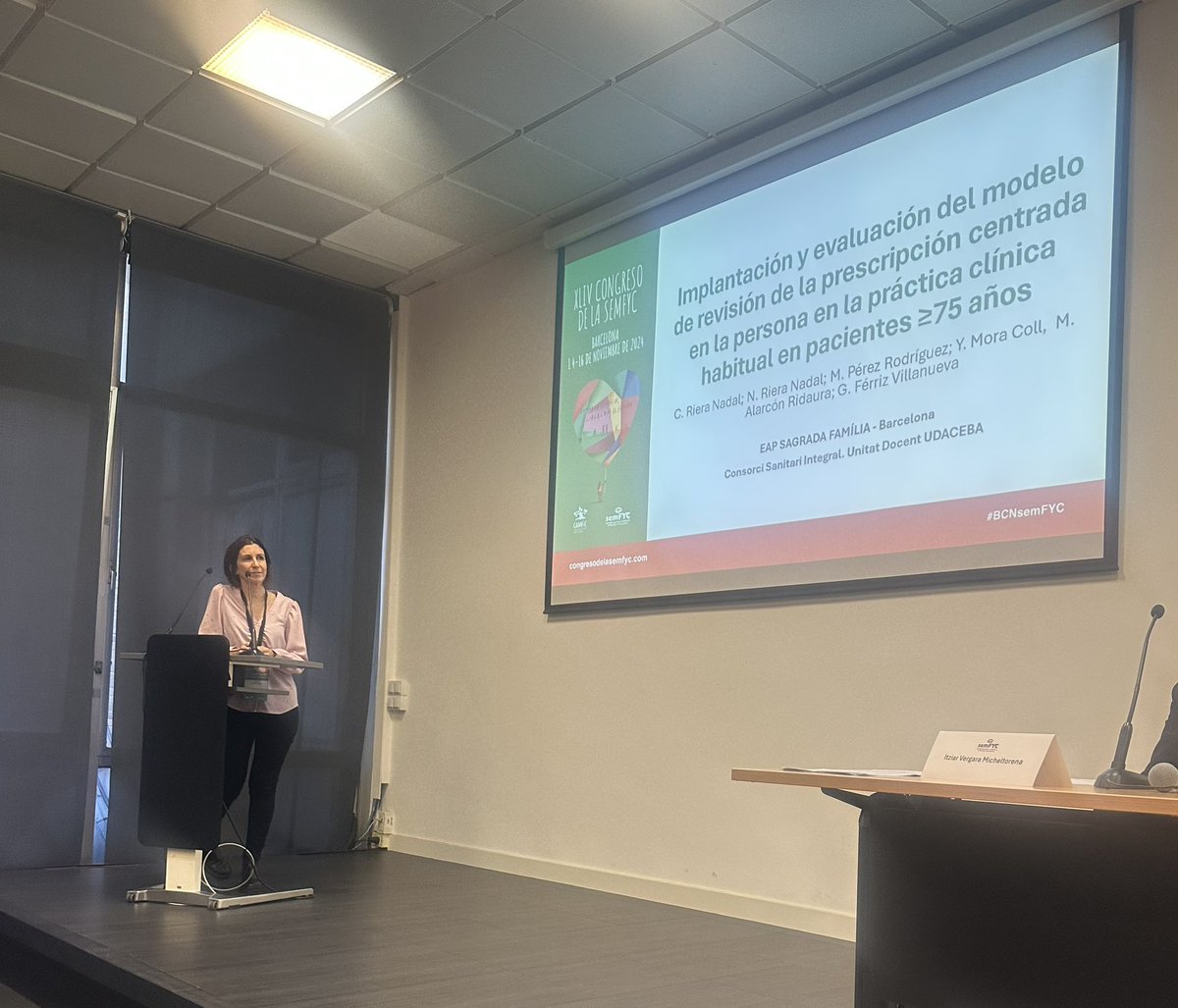 Hoy, en Congreso <a href="/semfyc/">semFYC</a>, la Dra. Clara Riera opta a mejor presentación:

📌Revisión de prescripción centrada en la persona en ≥75 años.

👥 C. Riera, N. Riera, M. Pérez, Y. Mora, M. Alarcón, G. Férriz #MFyC,CAP Sagrada Família
<a href="/docencia_csi/">Docència. Consorci Sanitari Integral</a> <a href="/UDACEBA/">Unitat Docent ACEBA</a> 
#BCNsemFYC #deprescripción