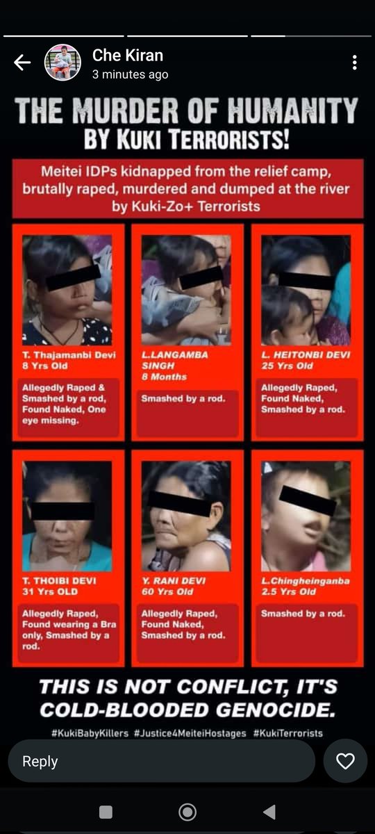 LaishramDeepika's tweet photo. Beyond words. 
My heart is heavy with grief and disbelief at the horrors caused by the #KukiMilitants.
Such brutality is unimaginable and unforgivable. 

Stay silent, @narendramodi @AmitShah @PMOIndia .Your silence in the wake of such horrors says everything. It suits you. https://t.co/opAdEV7SfG
