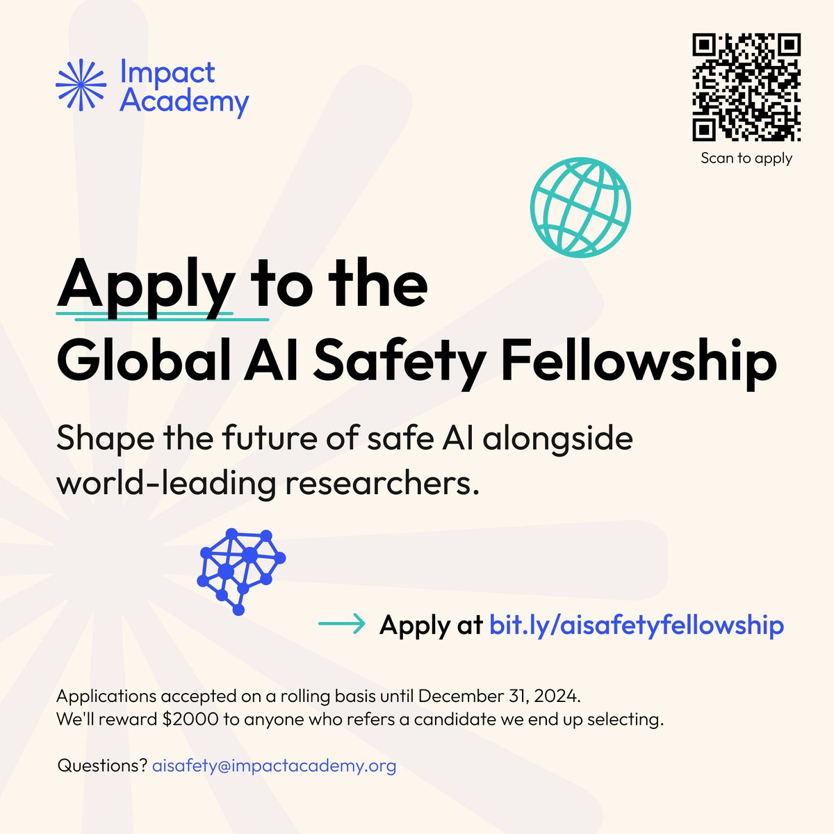 Impact Academy (@aisafetyfellows) on Twitter photo 🔊Advance AI Safety Research & Development: Apply for Global AI Safety Fellowship 2025 🧵
🌟What: The Fellowship is a 3-6 month fully-funded research program for exceptional STEM talent worldwide. (1/10)
...
<a href="/aisafetyfellows/">Impact Academy</a> 🔊Advance AI Safety Research & Development: Apply for Global AI Safety Fellowship 2025 🧵
🌟What: The Fellowship is a 3-6 month fully-funded research program for exceptional STEM talent worldwide. (1/10)
...
<a href="/aisafetyfellows/">Impact Academy</a>
