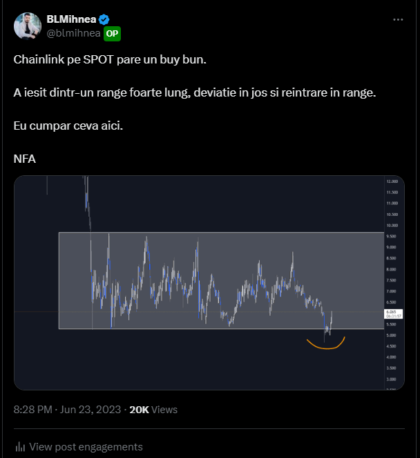 blmihnea's tweet photo. TUTORIAL: cum identificam schimbarea unui trend bullish si cum ne alegem valorile unde investim fara sa asteptam corectii nerealiste.

Depun ceva munca pentru aceasta postare si este destul de lunga. Singurul lucru pe care-l cer este un like si un repost daca va place.

Mai jos avem $LINK proiect postat aici pe Twitter la valoarea de 6$ aproape de bottom-ul absolut.

Intrebarea este: de ce mi-a placut acolo? Mi-a placut pentru ca inteleg range-urile si cum functioneaza ele.

Pentru o perioada de 404 zile, LINK s-a miscat intre aceleasi valori, valori care LOGIC vorbind reprezinta doua aspecte simple:

Primul: S-a gasit acceptare in randul acelor valori. Practic s-a gasit nivelul unde CEREREA cu OFERTA s-au intalnit si s-au pus de comun acord ca e un pret bun atat de vanzare cat si de cumparare.

Al doilea: Market Makerii sau proiectul au setat o zona pe care intentioneaza sa o tina cu orice pret si sa acumuleze cat mai aproape de zona respectiva. Simplu spus: oamenii vindeau iar MM cumparau. Duceau pretul putin in sus, oamenii iar vindeau, MM iar cumparau.

Dupa 404 zile in care s-a intamplat treaba asta in mod activ cu o piata total bearish atat dpdv stiri, anunturi, situatii geopolitice si Bitcoin jos, exista o DEVIATIE in partea inferioara a range-ului. Deviatie care este imediat recuperata. 

Care a fost rolul deviatiei? In primul preluare SL-urilor de sub range. Al doilea, inducerea unui sentiment de panica ca ultimii vanzatori sa vanda cu ideea ca se duce si mai jos si de a oferii si mai multe lichiditate de a fi CUMPARATA de catre MM.

In foarte multe cazuri, orice deviatie a unui range intr-o directie duce activul in partea superioara a range-ului.

Bun, ce s-a intamplat mai departe?
Dupa deviatie, activul s-a indreptat spre partea superioada a range-ului, a revenit in partea de jos luand IAR  ca si suport vechiul range si ulterior spargand in sus cu amplitudine si putere.

Ideea pe care vreau sa o prezint abia acum vine.

Dupa ce si-a atins HIGH-ul local, piata de alts intra in Bearmarket si $LINK se reindreapta spre vechiul range.

Ce se intampla in range? Este respins agresiv! Umple ineficientele din urma si ne confirma clar si raspicat ca range-ul respectiv este LA REVEDERE. Nu-l mai vedem acolo.

Ce face ulterior? 🤣

Creaza un nou range (aici TF Daily) peste vechiul range, pe care il SPARGE iar! Si ce face iar?! Il ia iar ca support respingand din el.

Acum intrebarea mea pentru voi e urmatoarea? Ce credeti ca face $LINK de aici? Vine si mai jos? Sau isi continua directia?

Cum v-am zis si la inceput. Un like si un repost, sunt tot ce-mi doresc! Sper ca ati invatat ceva. Mult succes.