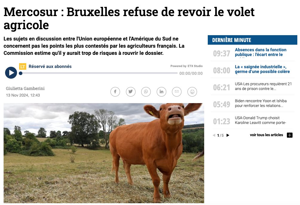 [Le saviez-vous ?]

Alors qu'Emmanuel Macron s'envole pour le #G20 en disant vouloir obtenir "des concessions" sur l'accord UE-Mercosur,
➡️le volet agricole est conclu et ne sera pas revu
➡️la FR n'a jamais exigé que le volet agricole (quotas d'importation etc) soit renégocié