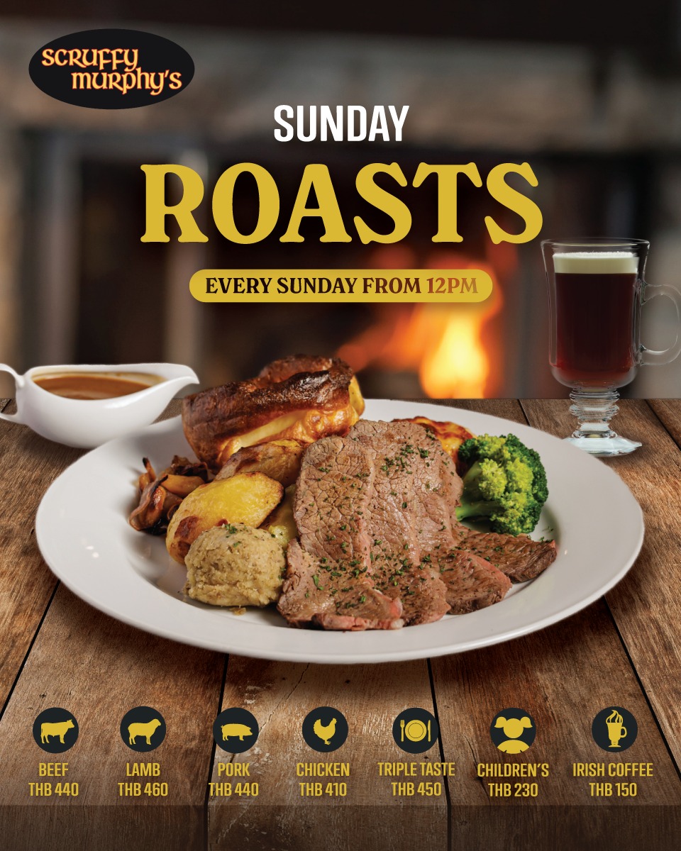 Make your Sunday special at Scruffy Murphy’s! 
From 12 noon, enjoy a traditional Sunday Roast with your choice of beef, lamb, pork, or chicken, each served with classic sides to make your meal complete. ☕ Pair it with an Irish Coffee for only THB 150!