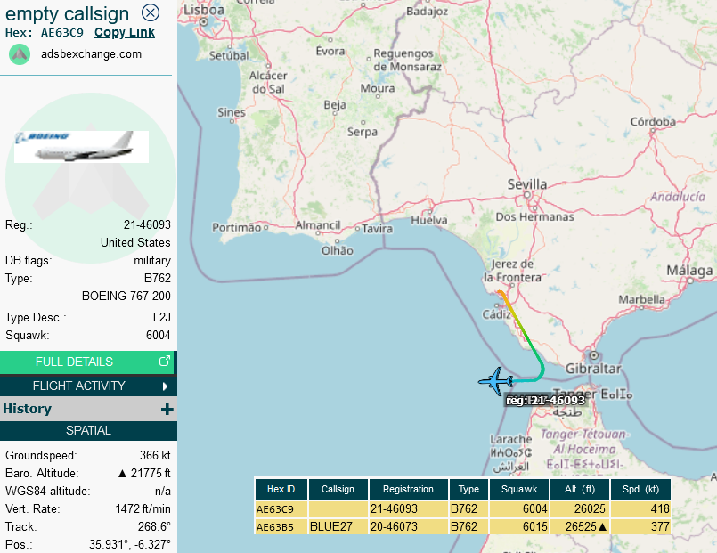 SirListenalot's tweet photo. #KC46's #BLUE26-27 out of Rota (to McGuire) dragging (six) "AK" #F22's across the pond. #KC135 #AE04CD #BLUE30 from Lajes to Dover will join in later https://t.co/Onpgpw1onS
